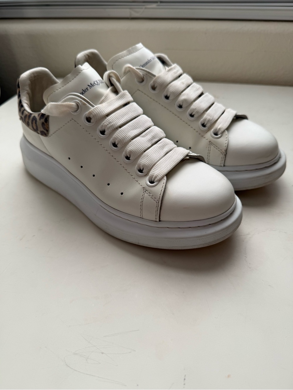 Alexander Mcqueen White Platform Leather Sneakers with Leopard Back